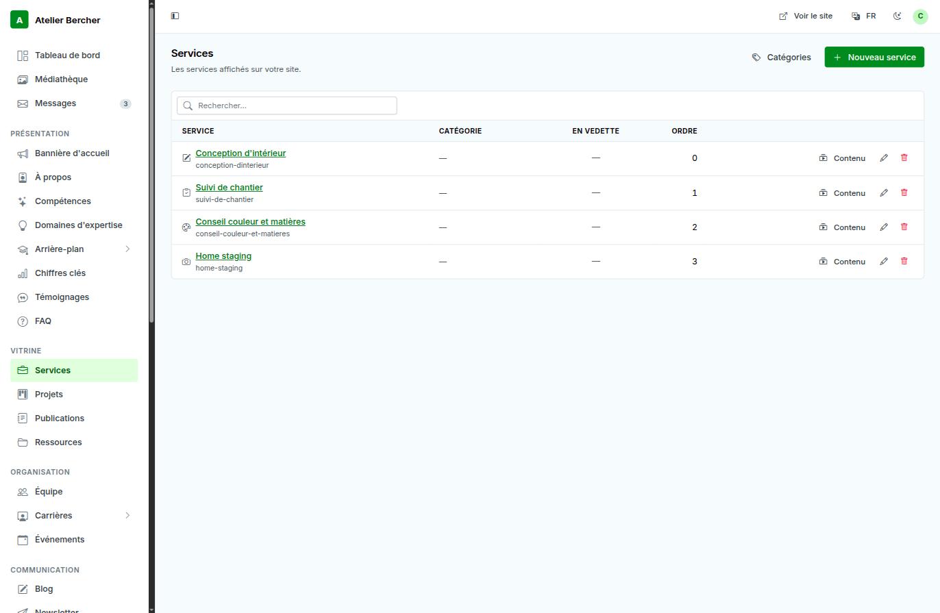 The Services list in the console, with order, category and the edit actions.
